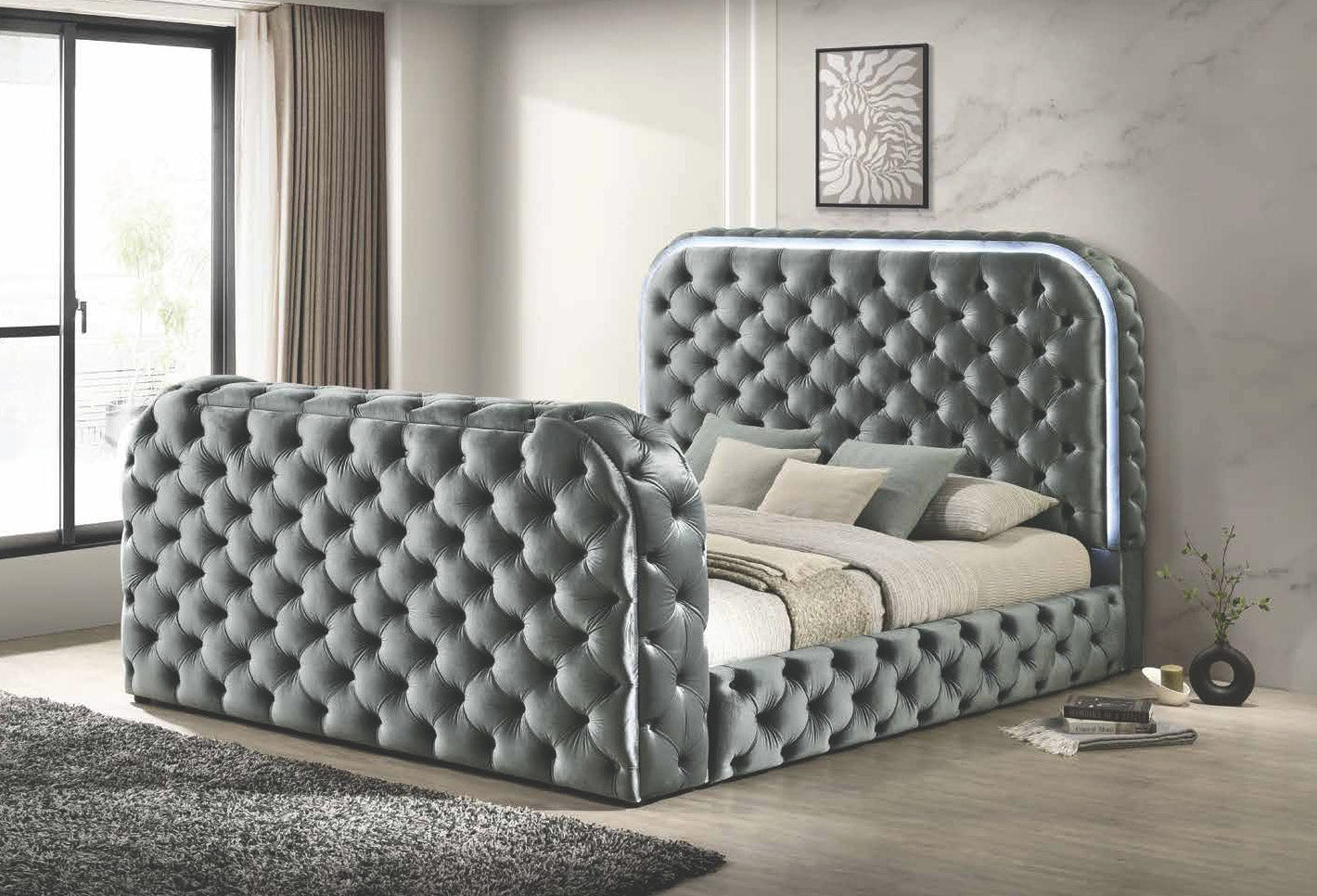 Bed Frame Kana, Panel Bed with LED and Fireplace, available in 2 colors