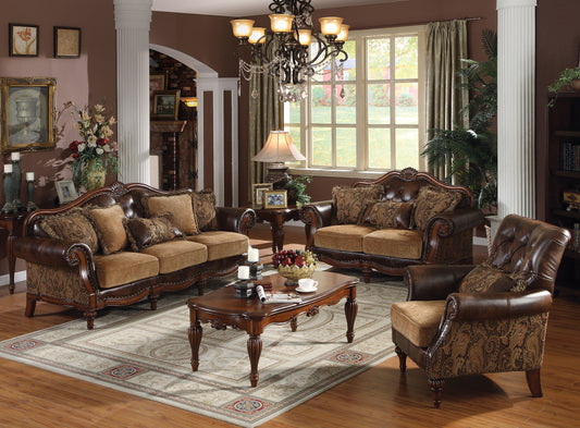 Dreena Living Room Sofa Set, Upholstered in Brown Leatherette and Chenille Fabric