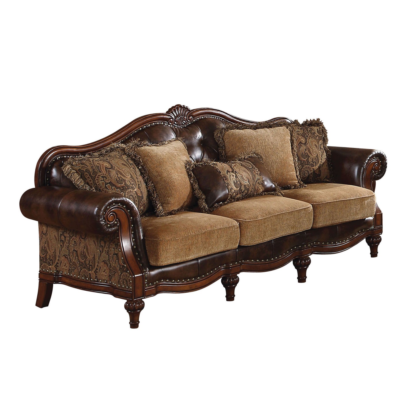 Dreena Living Room Sofa Set, Upholstered in Brown Leatherette and Chenille Fabric