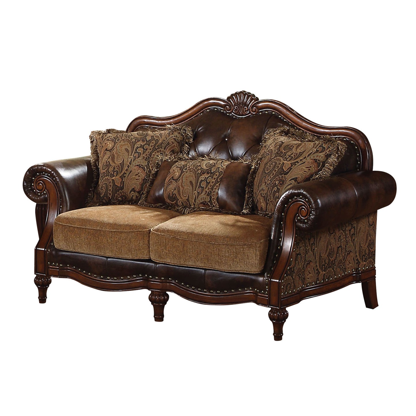 Dreena Living Room Sofa Set, Upholstered in Brown Leatherette and Chenille Fabric