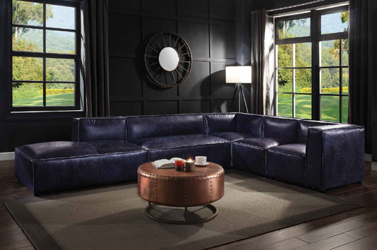 Birdie Living Room Modular Set, Upholstered in Vintage Blue Top Grain Leather Match