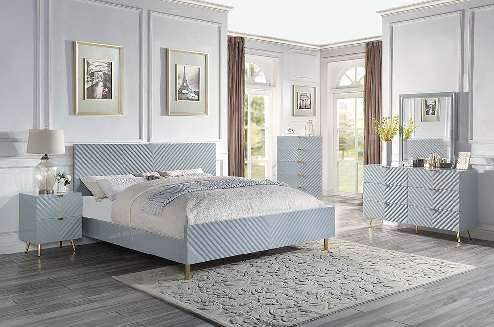 Gaines Bedroom Set, Panel Bed, High Gloss Finish, Available in 2 colors: White or Gray