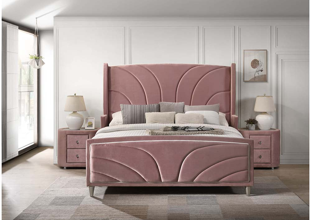 Salonia Bedroom Set, Panel Bed, Fully Upholstered in Pink Velvet