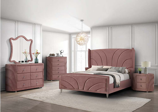 Salonia Bedroom Set, Panel Bed, Fully Upholstered in Pink Velvet