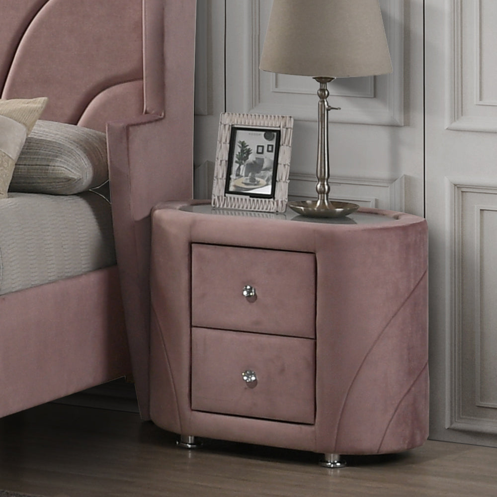 Salonia Bedroom Set, Panel Bed, Fully Upholstered in Pink Velvet