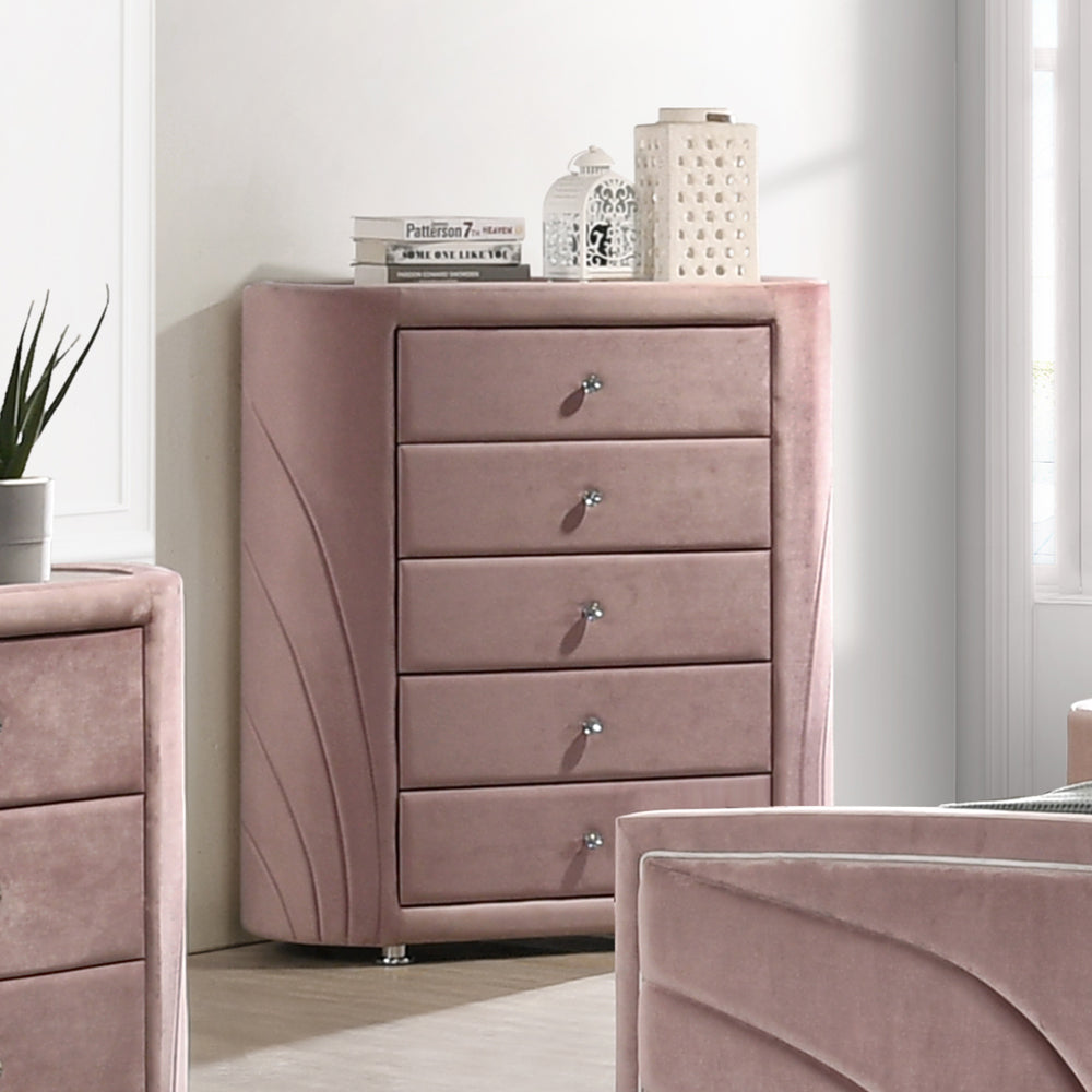 Salonia Bedroom Set, Panel Bed, Fully Upholstered in Pink Velvet