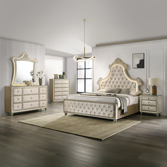 Lucienne Bedroom Set, Arched Panel Bed, Fully Upholstered in Beige Velvet