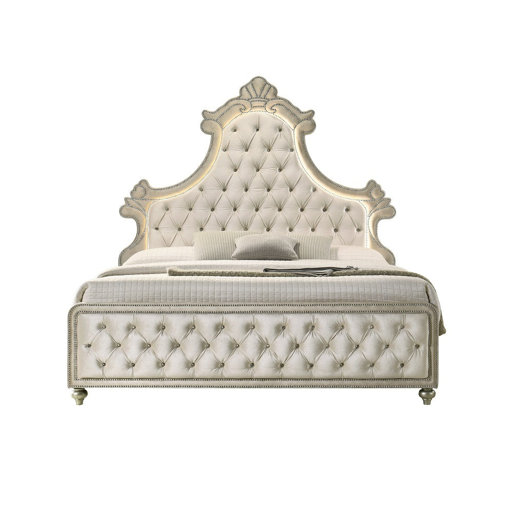 Lucienne Bedroom Set, Arched Panel Bed, Fully Upholstered in Beige Velvet