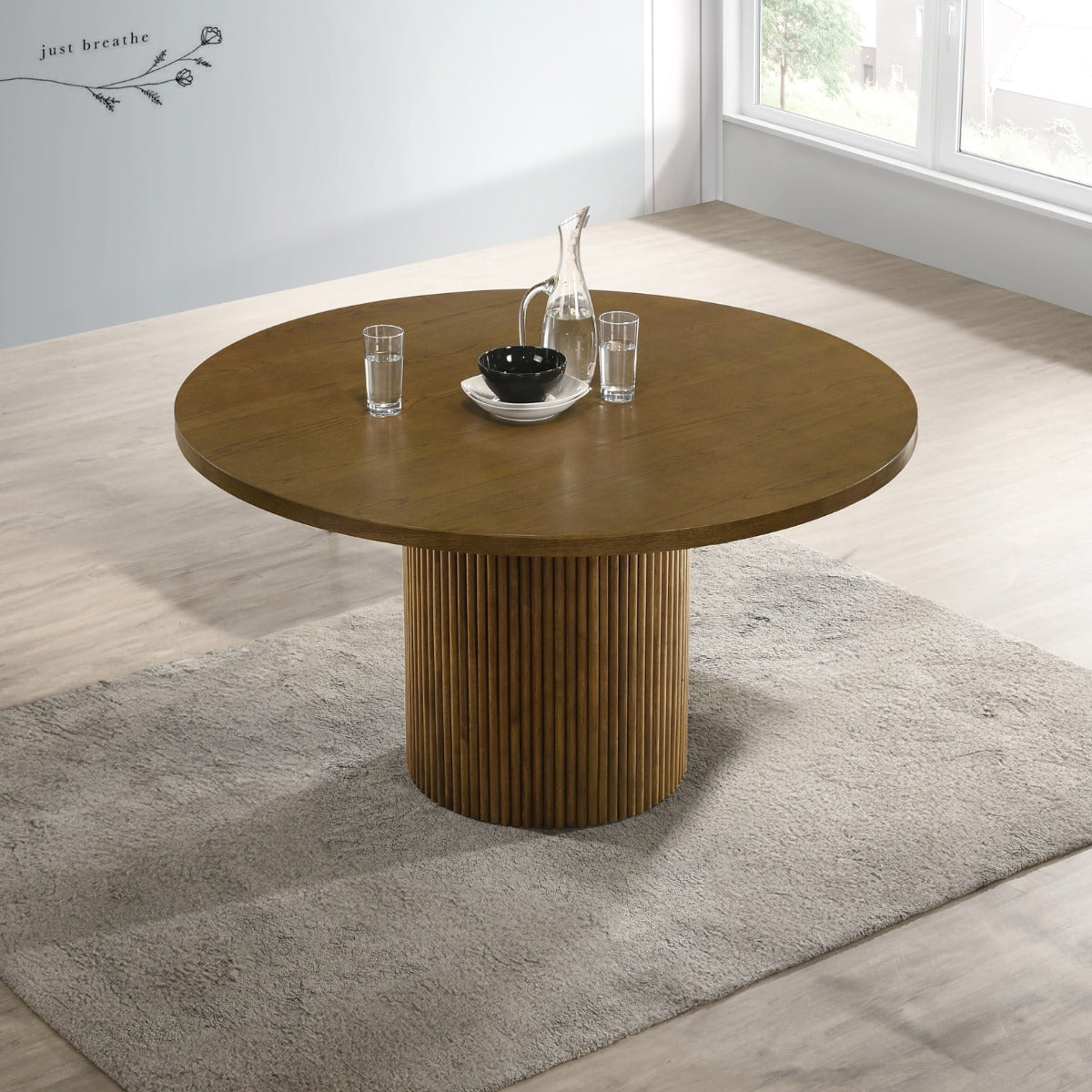 Hezrai Dining Set with Round Dining Table in Walnut Finish