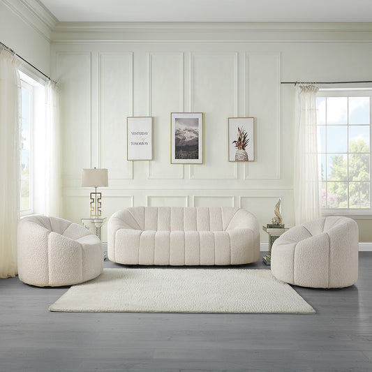 Osmash Living Room Sofa Set, Upholstered in White Teddy Sherpa